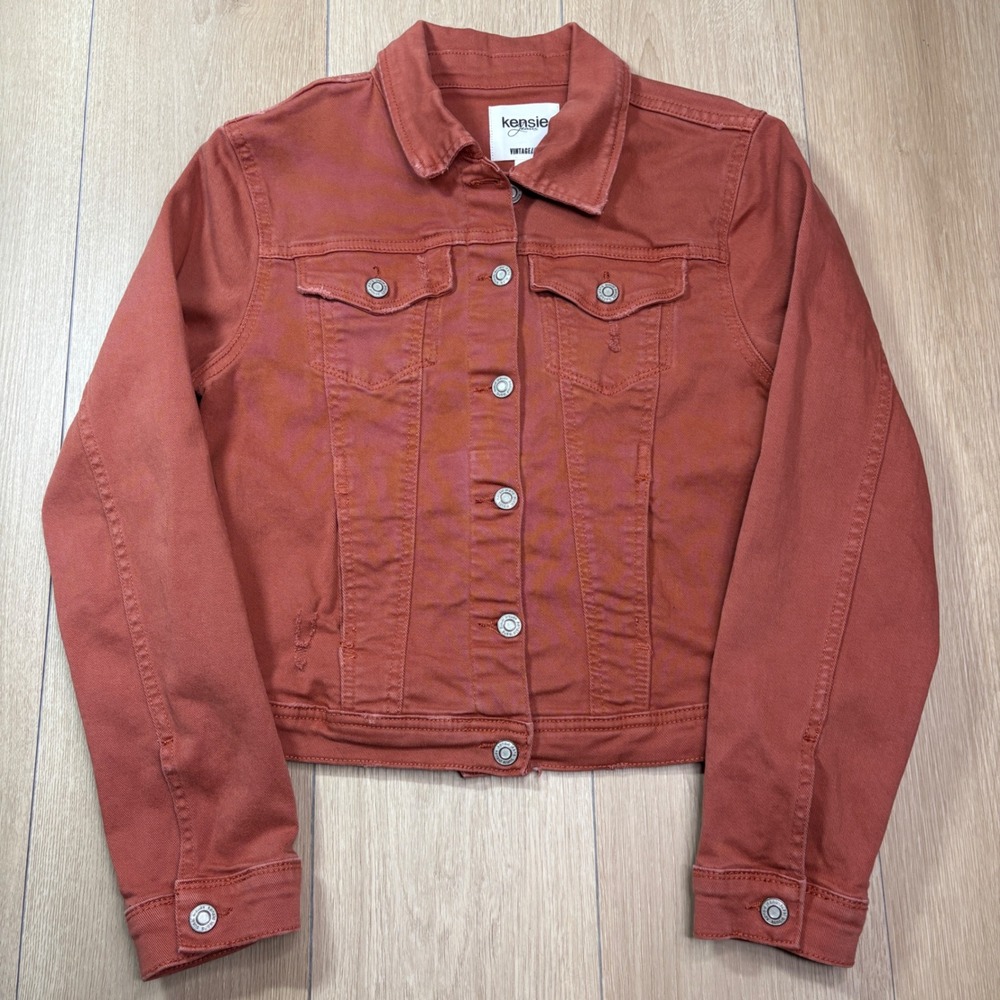 Kensie Jeans Vintage Luxe Burnt Orange Distressed Denim Trucker Jacket Small